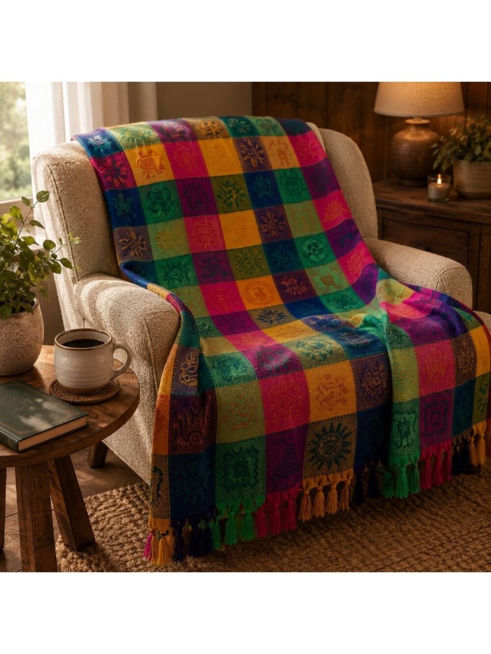 Mexican Woven Throw Colorful Aztec-Inspired Pattern Tassels 58.5 x 86 Tablecloth